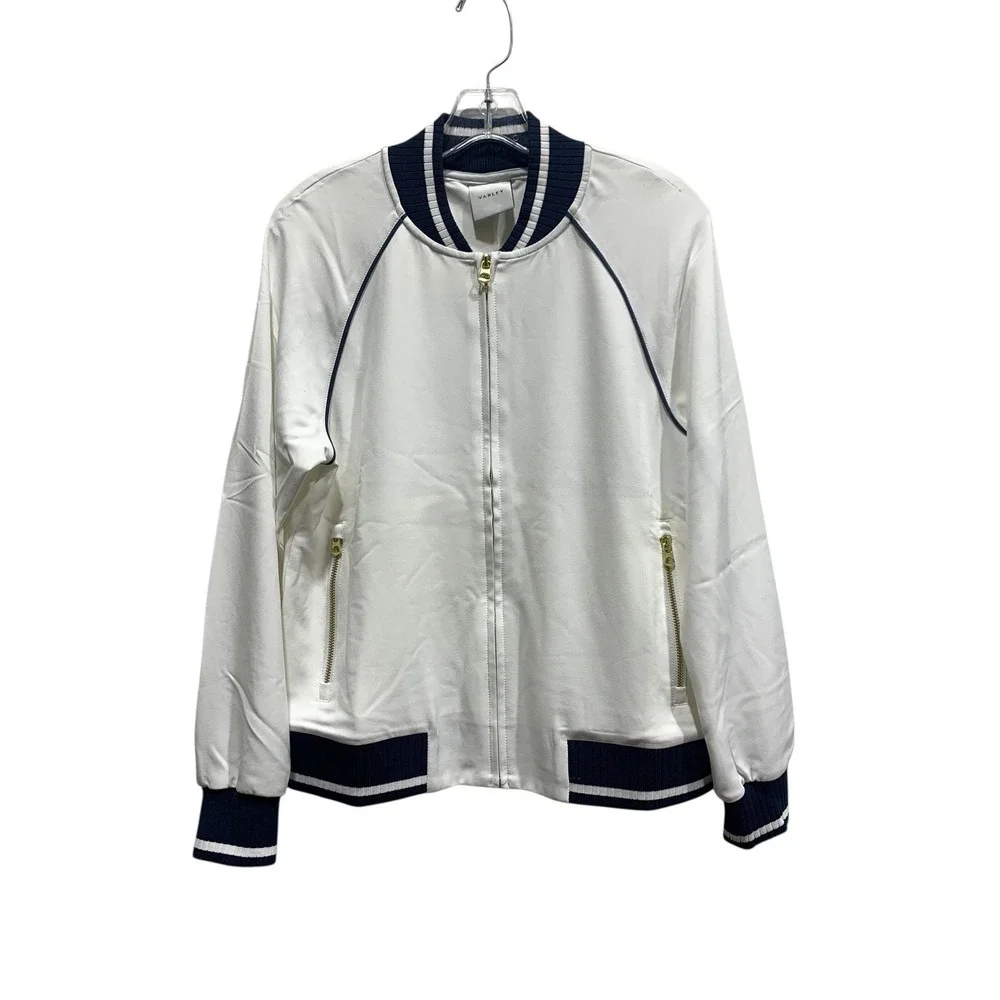 VARLEY Womens White Navy Trim Bomber Jacket Zip Front‎ Athletic Style Size Small
